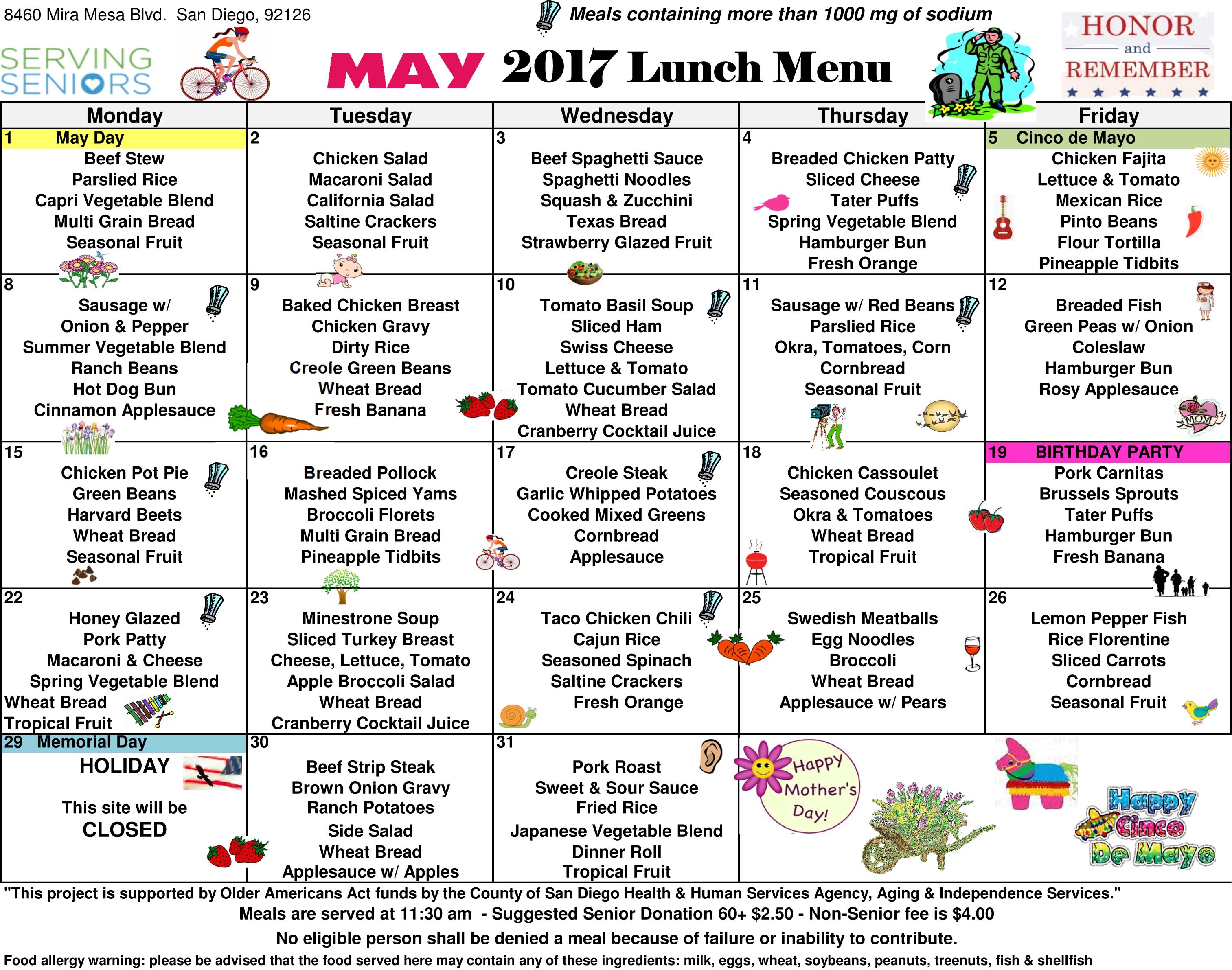May 2017 Lunch Menu Now Available Mira Mesa Center