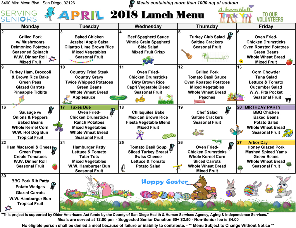 April 2018 Lunch Menu Now Available! | Mira Mesa Center