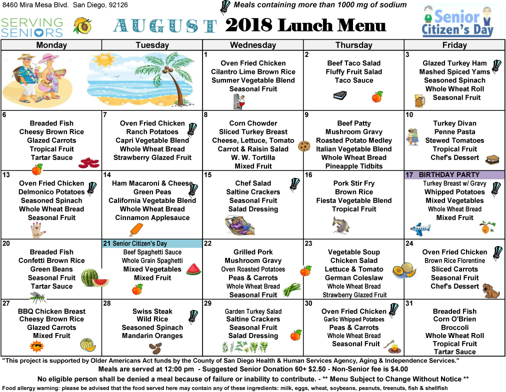 August 2018 Lunch Menu Now Available Mira Mesa Center