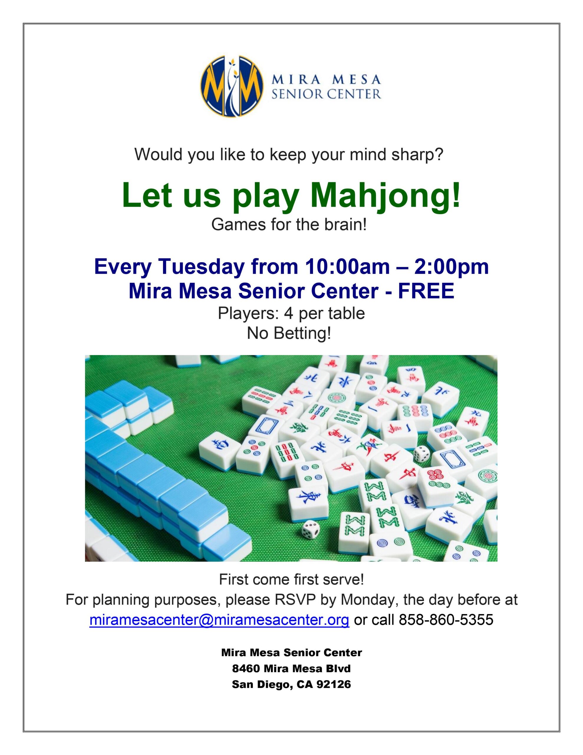 Mahjong at the Mira Mesa Senior Center | Mira Mesa Center