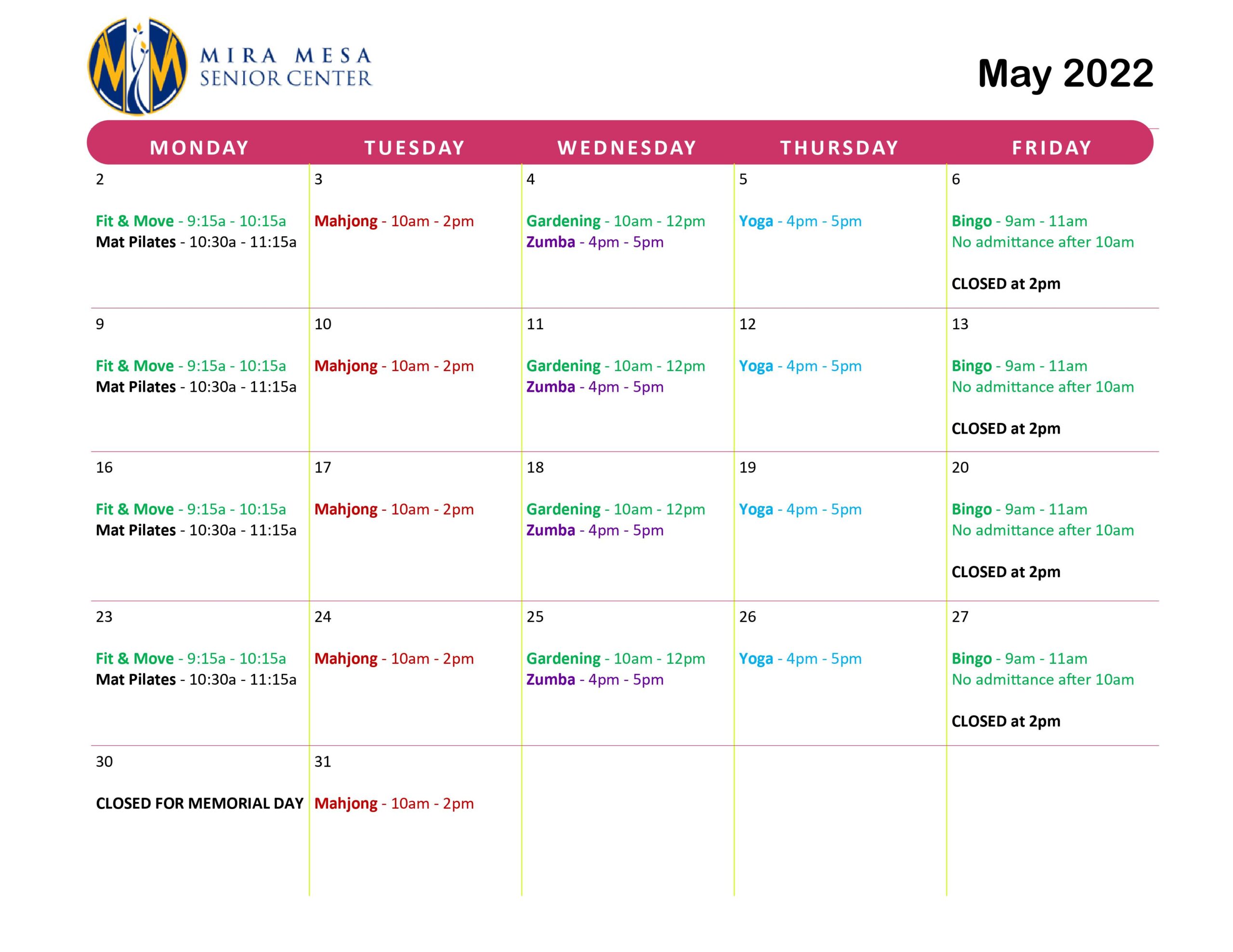 May 2022 Calendar and Program List Mira Mesa Center