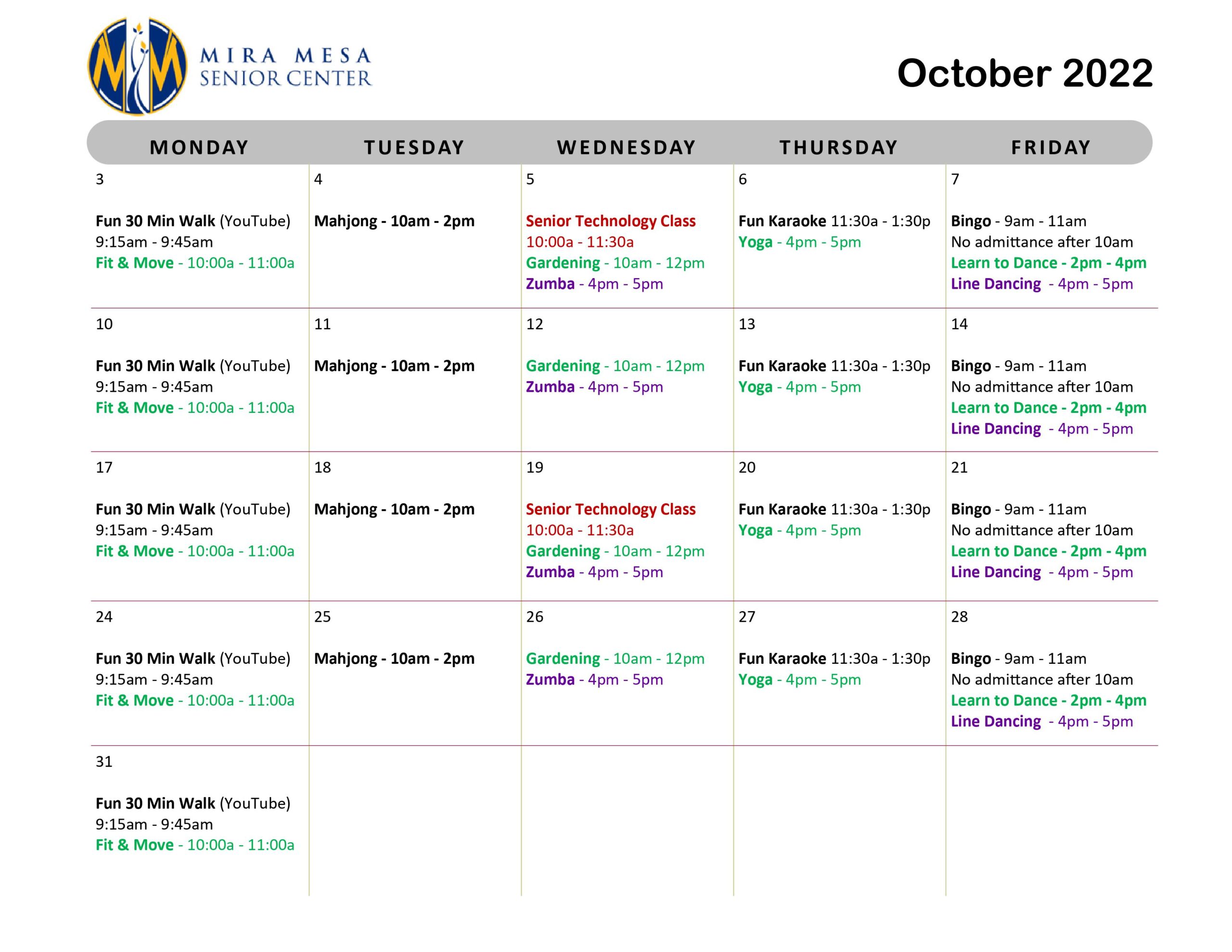 October 2022 Calendar and Program List | Mira Mesa Center